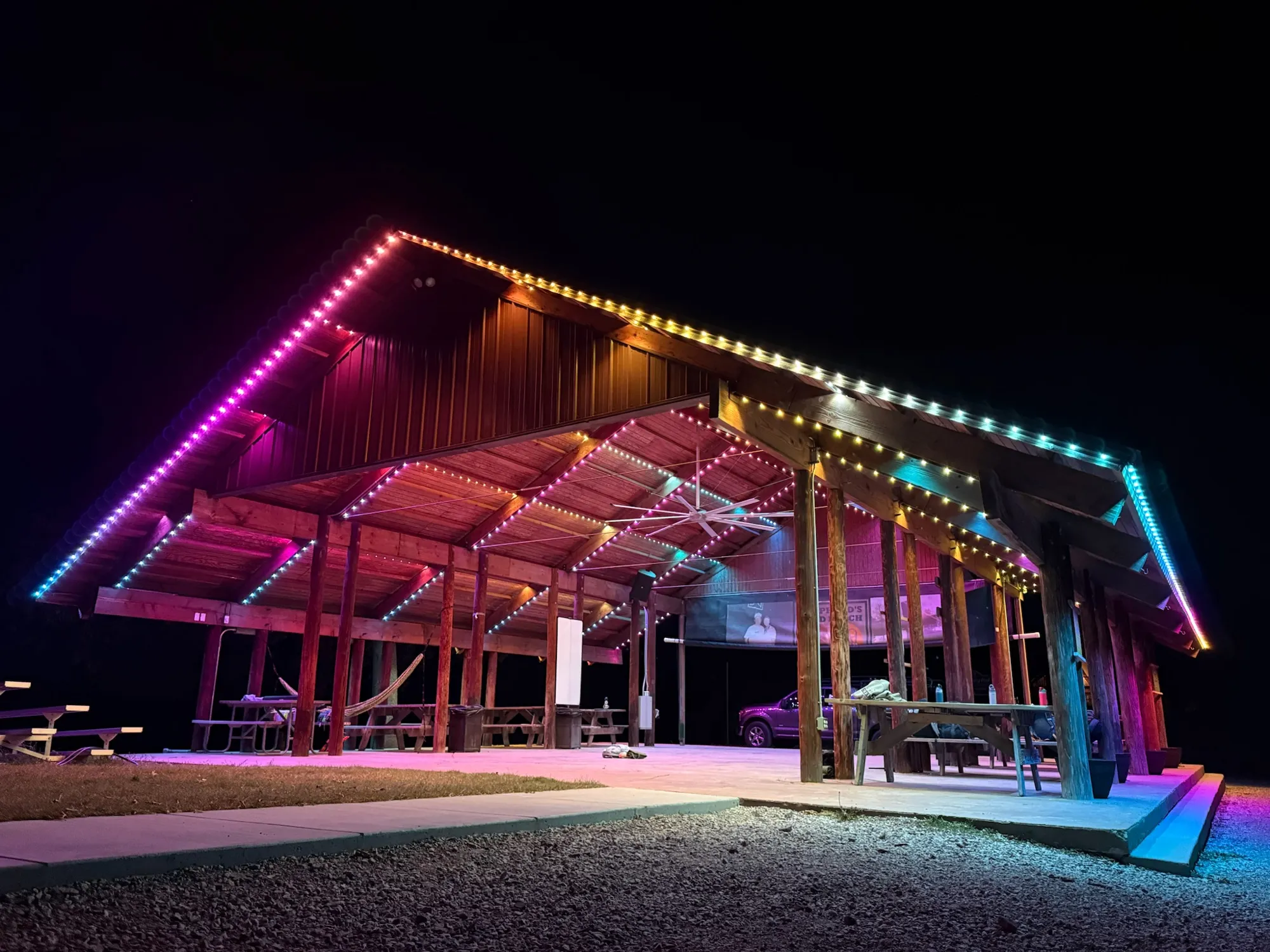 Pavilion roofline in colour. Permanent Lighting by LIT Outdoor Lighting in Tulsa.