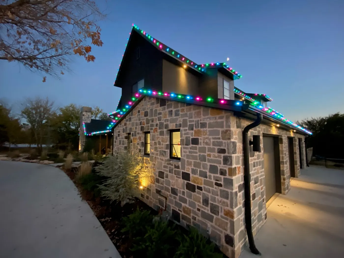 Roofline track running the full gable. Permanent Lighting by LIT Outdoor Lighting in Tulsa.